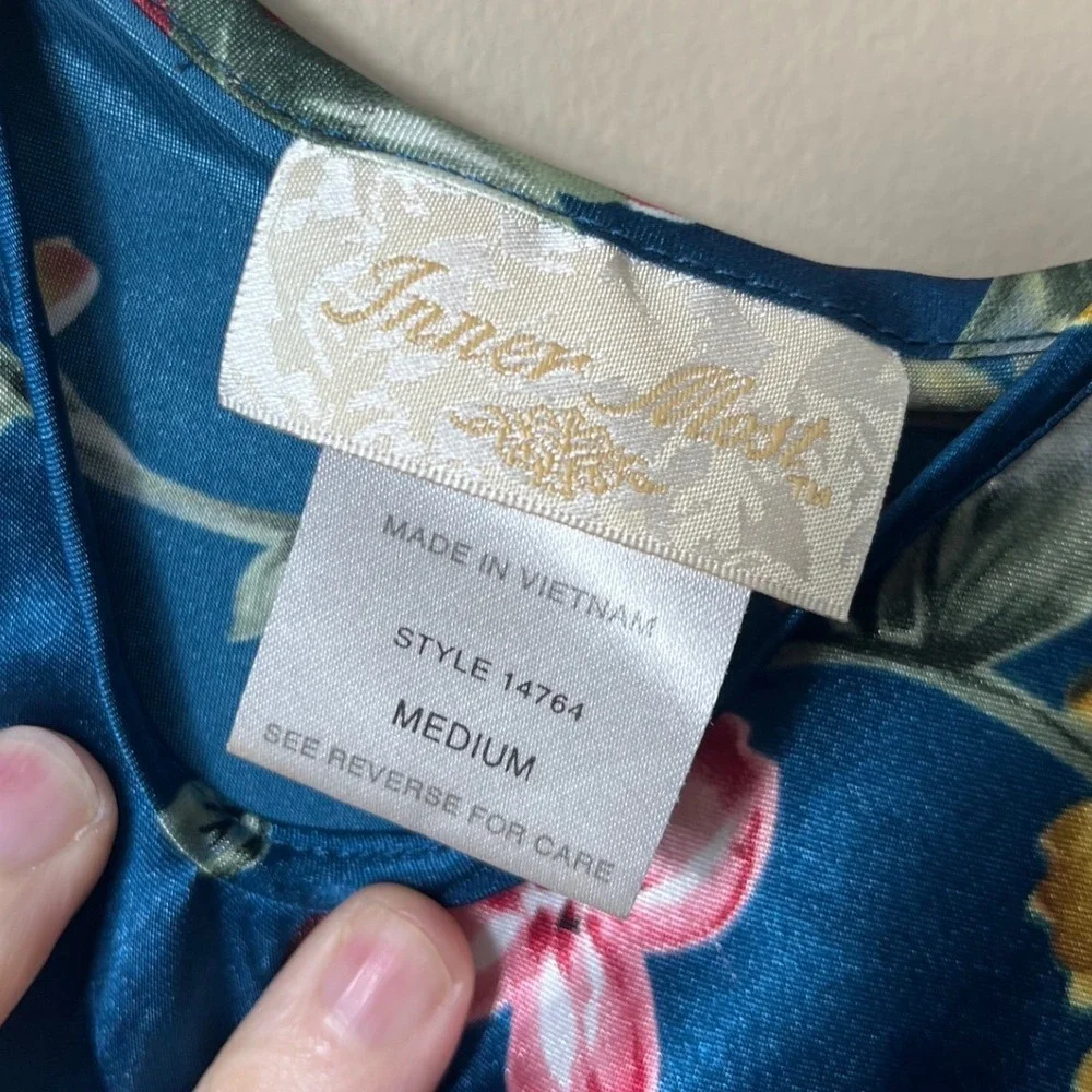 Inner Most Floral Satin Chemise‎ Slip Dress Teal Blue Medium Cottagecore 90's